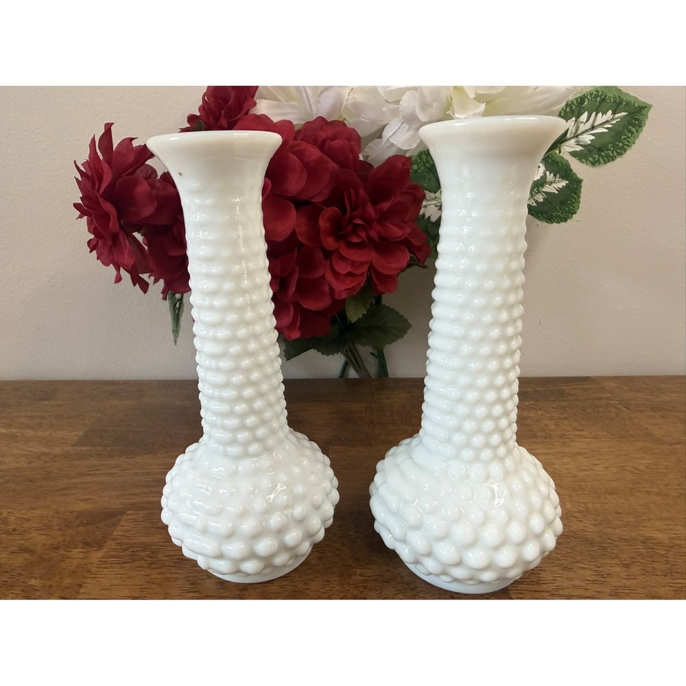 Vintage E.O. Brody Milk Glass Hobnail Vases Pair Wedding Holiday Decor MCM Retro